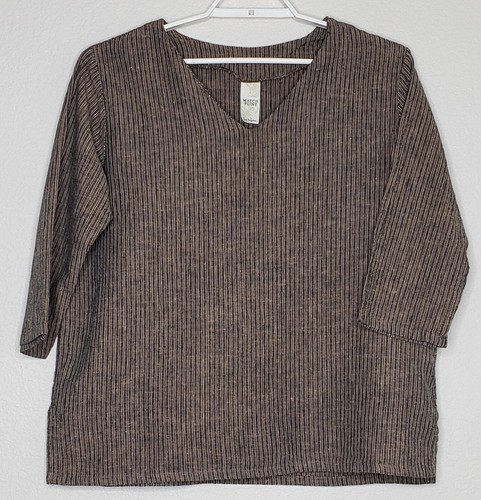 Match Point Damen Leinen Top Gr. Large 3/4 Arm braun gestreift V-Ausschnitt Lagenlook