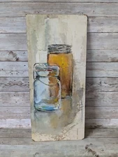 Vintage Original Oil Painting on Board Still Life Honey Canning Jars Signed 