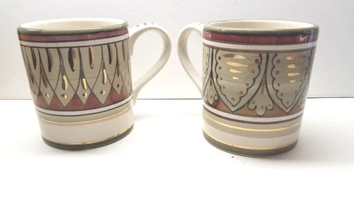 2 Sberna Deruta Hand Painted Italy Coffee Cups Mugs Gold Wine Red Olive Green
