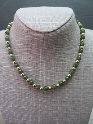 14K Y.  Gold  Spring Clasp & Beads Jade Beads Necklace on 16'' 19.47 Grams