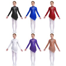 Kids Girls Dresses Gymnastics Dancewear Long Sleeve Dance Dress Built-in Briefs