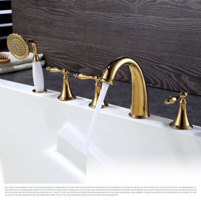 Deck Mounted 5 Hole Gold Color Brass Roman Bathroom Tub Faucet W/Hand Shower Tap