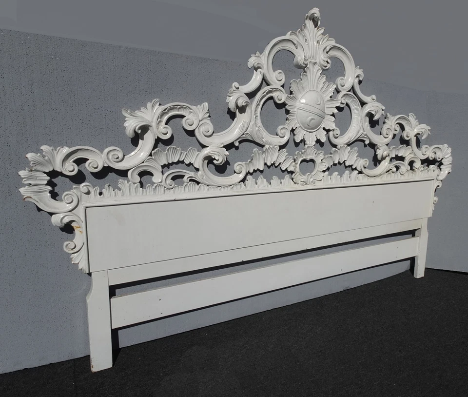 Vintage French Louis XVI Style Rococo White King Headboard Scrolls & Flourishes - Image 3 of 4