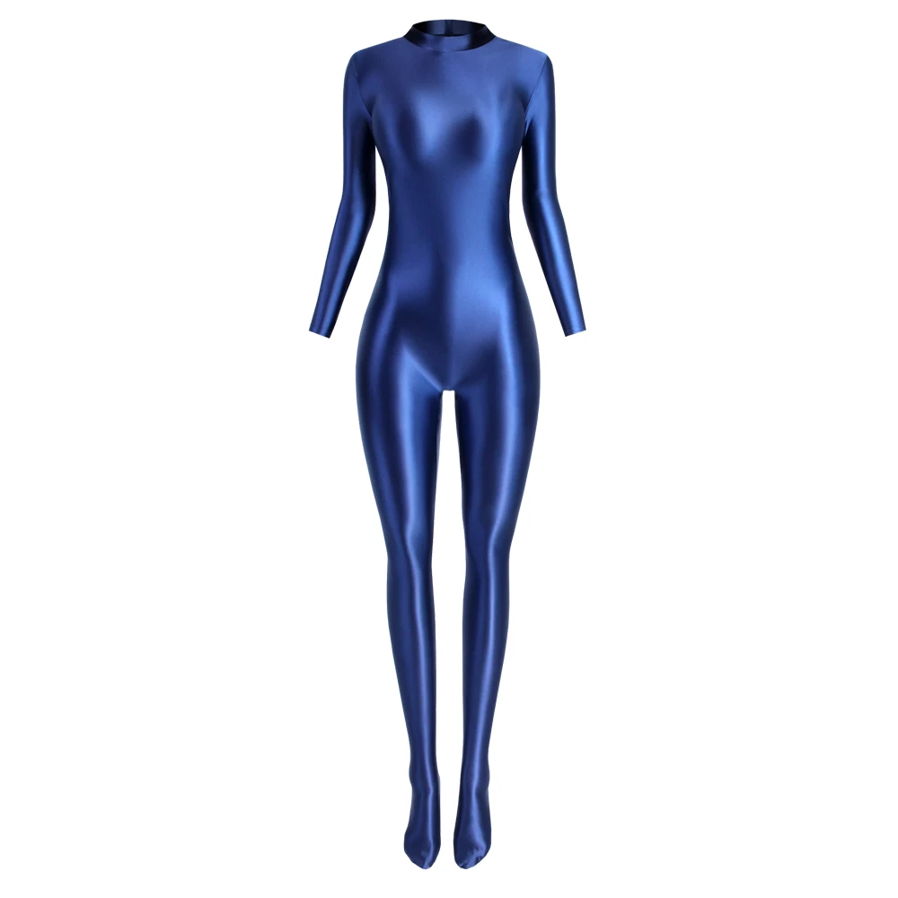 MJINM Women's Stretch Gloss Silky Jumpsuits Sport Bodysuit Short zipper Overall - Picture 7 of 30