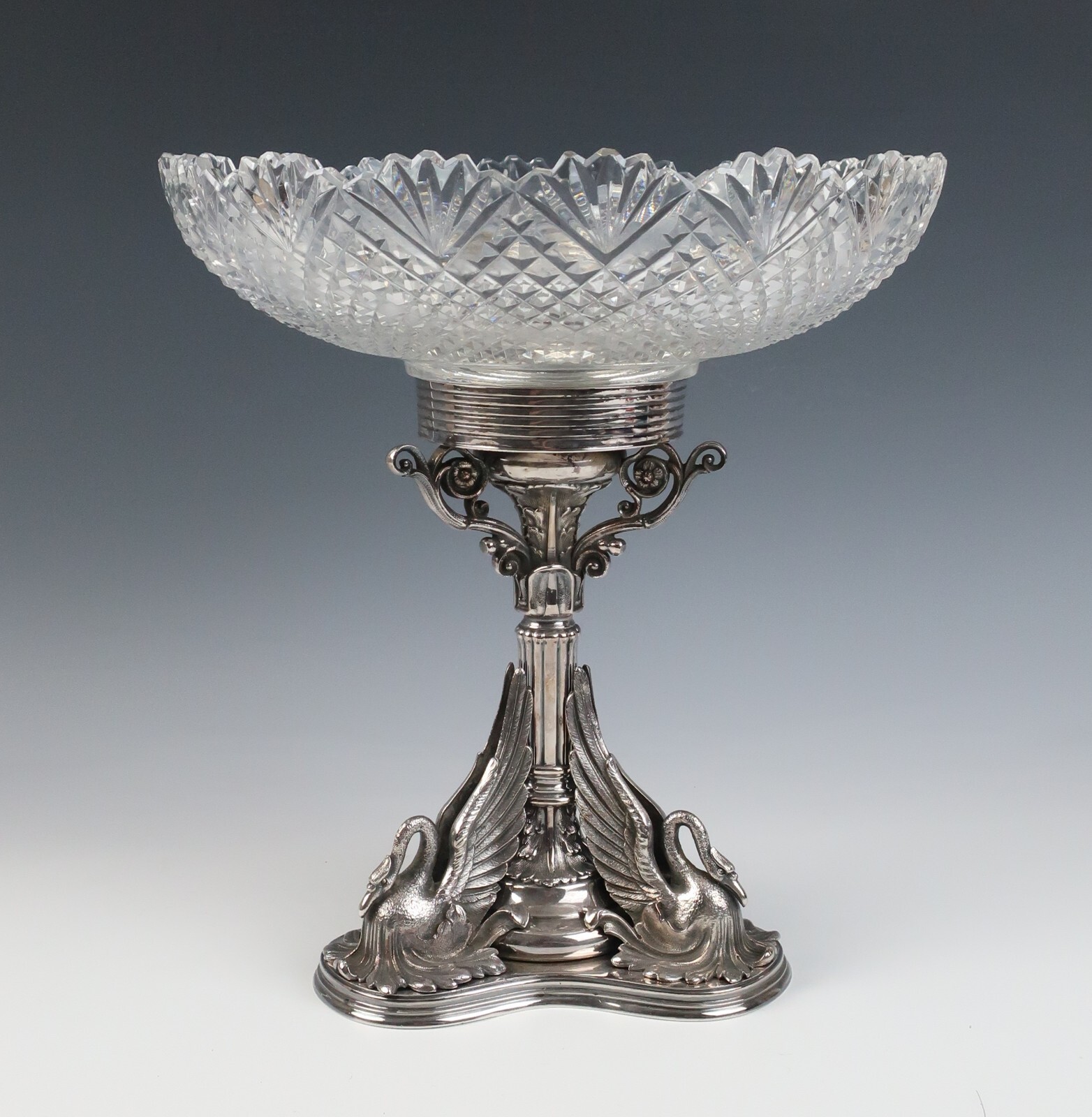 Antique Silver Plate Cut Crystal Swan Tazza Table Centerpiece Bowl Compote Glass