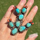 Natural Turquoise Red Coral Tibet Silver Large Cactus Statement Ring Adjustable