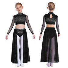 Kids Girls Set Shiny Outfit 2 Piece Costume Rhinestones Lyrical Sheer Dance
