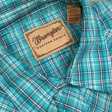 Wrangler Western Shirt Mens XL Teal Plaid Pearl Snap Long Sleeve Button Down