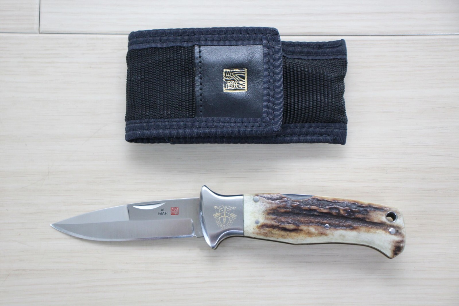Vintage Al Mar SERE Attack S Stag Handle Folding Knife Seki Japan Pouch M121
