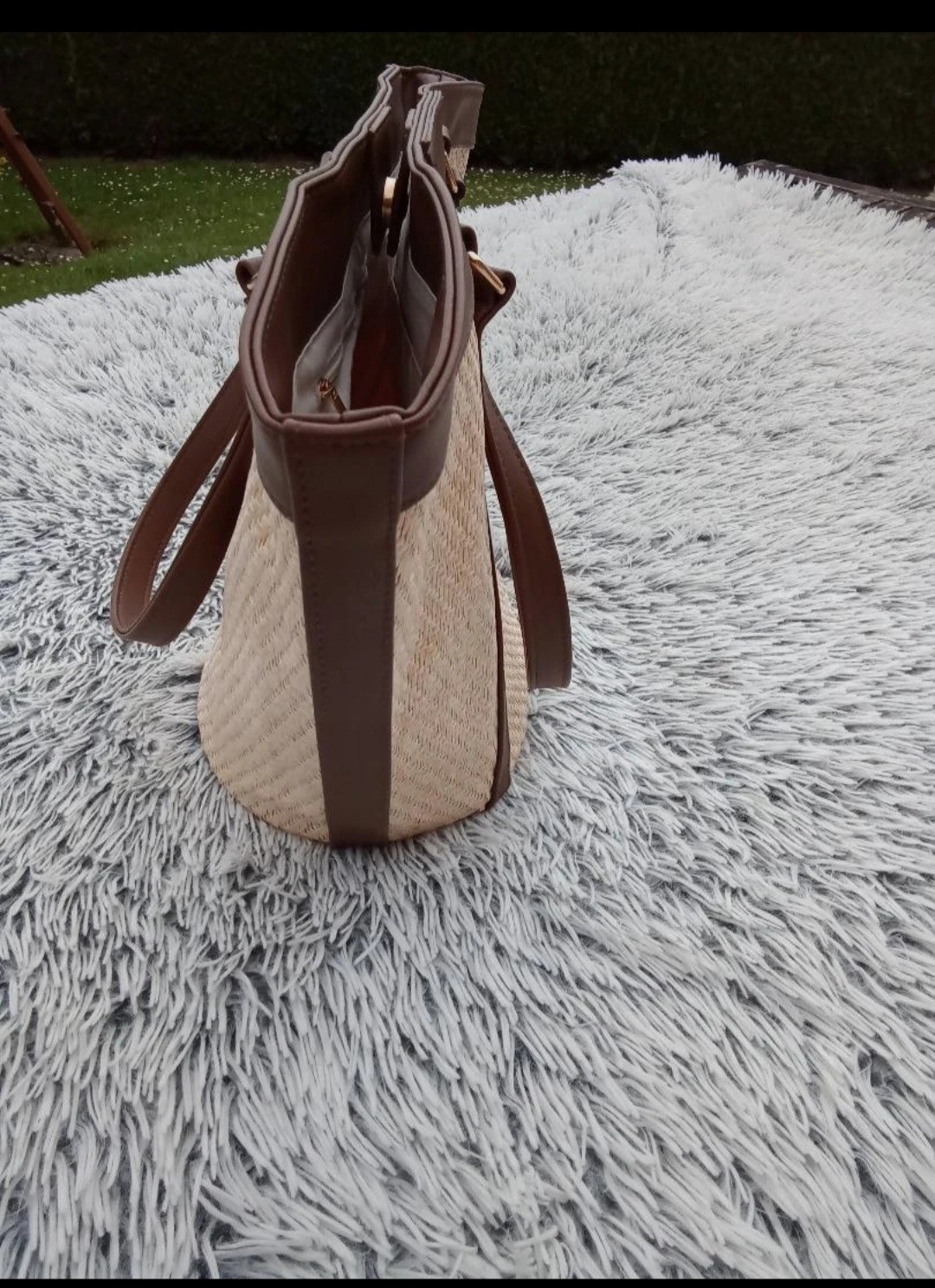 Cacharel borsa shopper tote donna paglia e pelle beige/marrone doppio manico foto 3