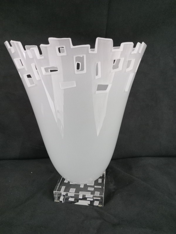 SCHLANSER ART GLASS - FROSTED GEOMETRIC STYLE VASE 12 1/2" TALL - SIGNED! 2016