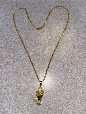 Gold Tone Praying Cross Hands CZ Glass Pendant Religious Necklace Vintage Y2K