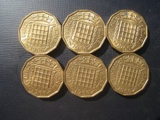 Six Elizabeth II Brass Threepences 1966, Higher grades, with lustre.