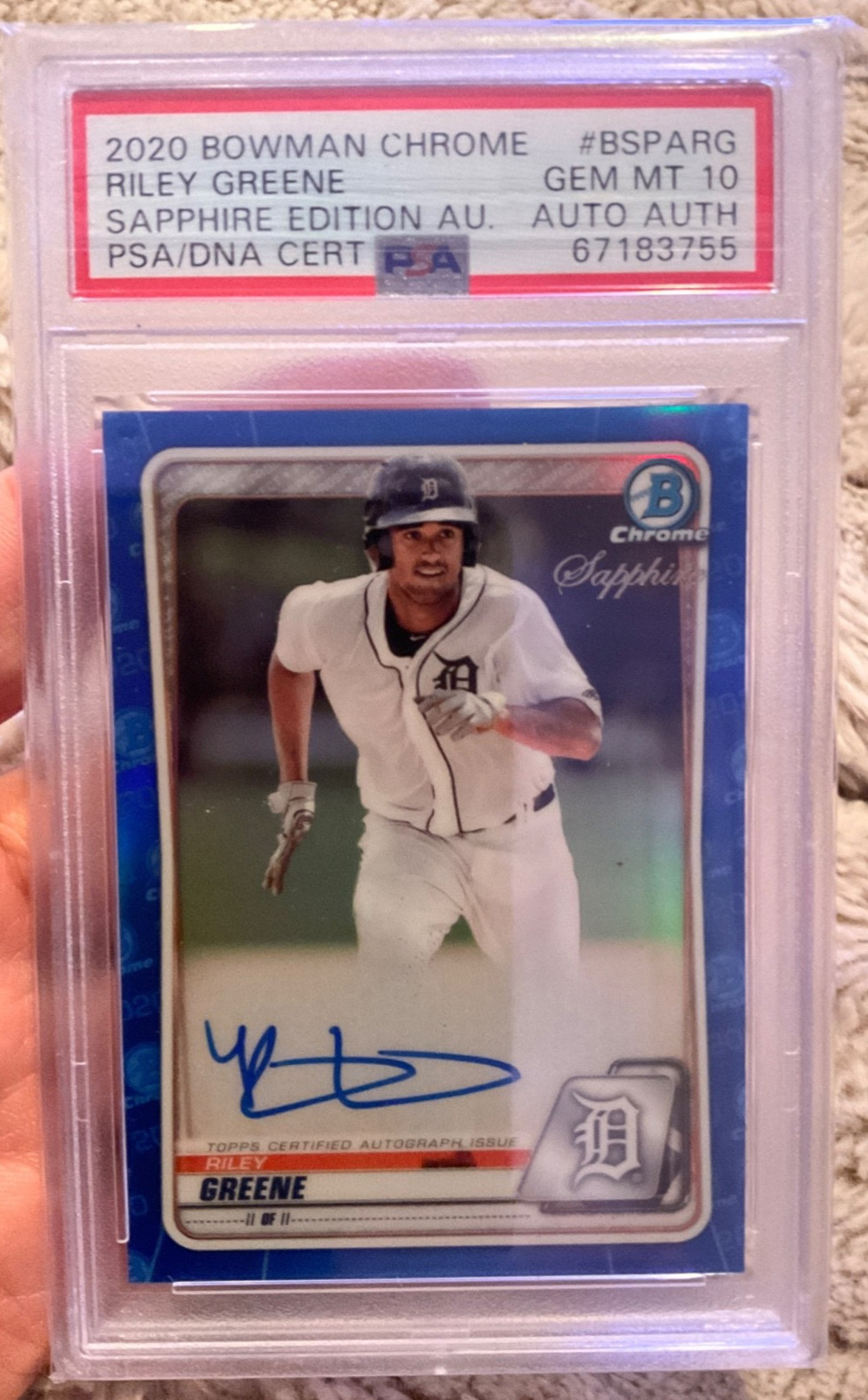 2020 Bowman Chrome Sapphire - Prospect Autographs Riley Greene #BSPA-RG PSA 10
