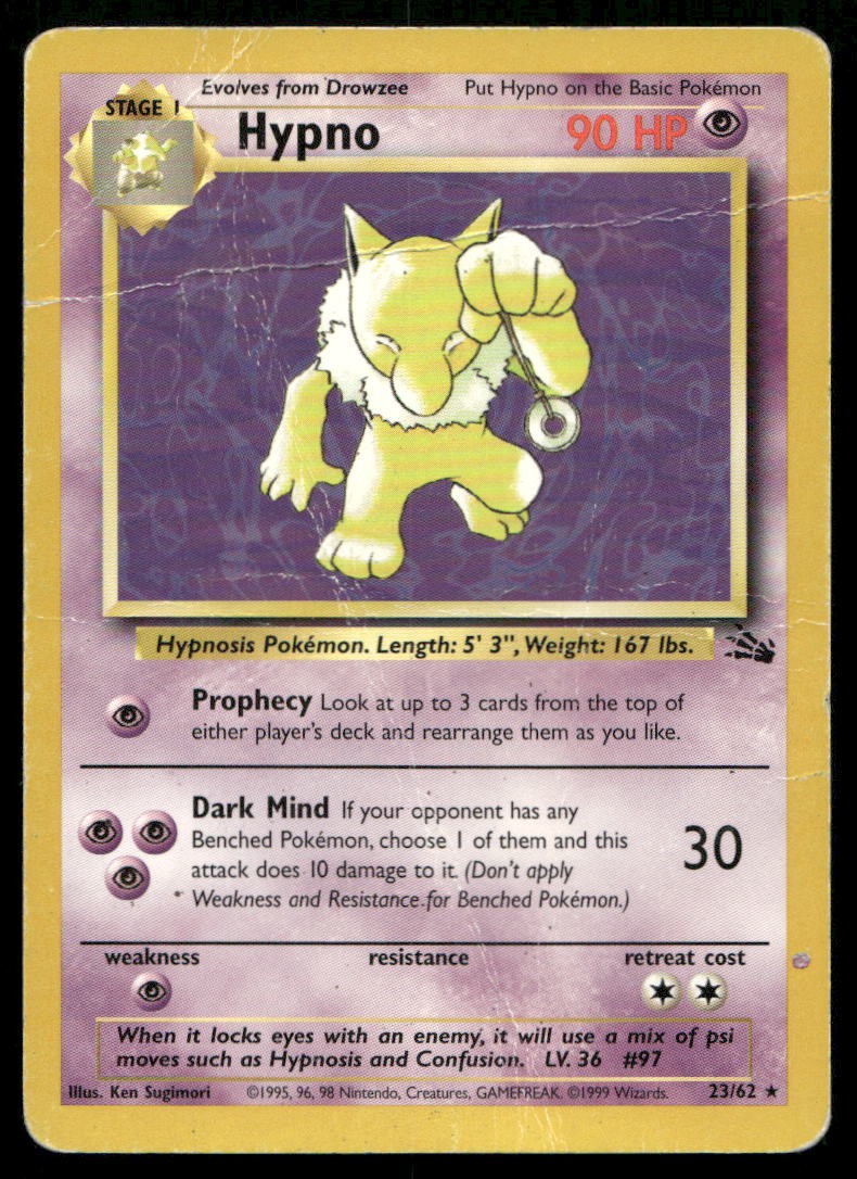 Hypno 23/62 Rare Fossil Pokemon Unlimited Damaged Creased