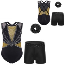 Mädchen Gymnastikset Turnanzug Mit Shorts Strass Glitzer Ballett Leotard Outfit 