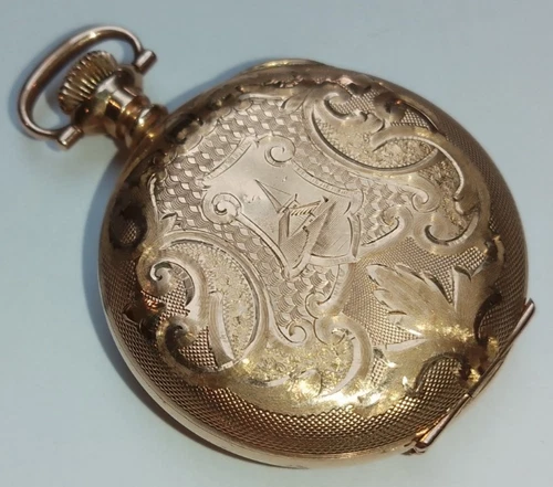 14ct Rolled Gold Hunter WALTHAM Antique Fob Pocket Watch 1899 7J 0s Great case
