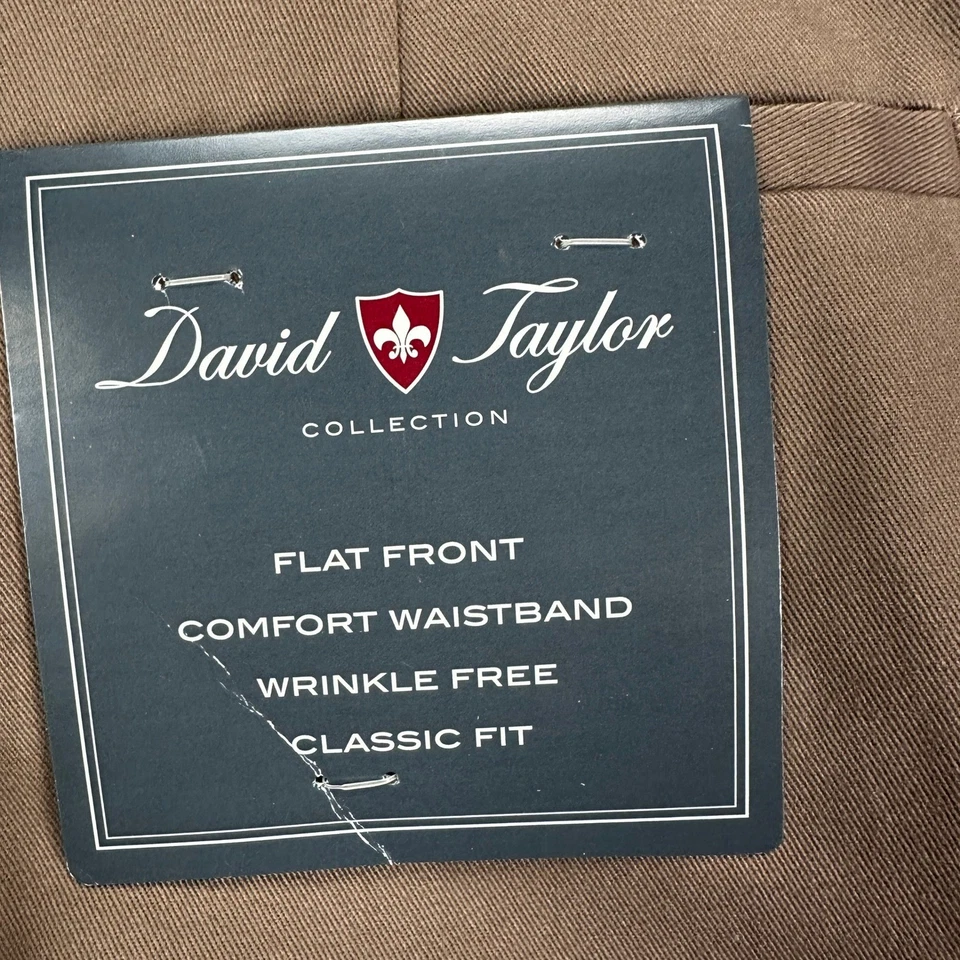 David Taylor Pants Khaki Men 42X30 Brown Flat Front Classic Fit Chino Casual NEW - Image 2 of 4