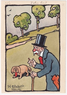 Karl Elleder Old Man Dog Park Jugden Style Art Nouveau Drawing Signed 1909