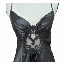 Vtg Black Satin Slip Dress Lace Sequin Cutout 90s Goth Coquette Chemise S USA