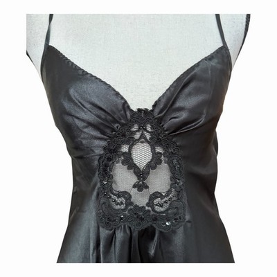 Vtg Black Satin Slip Dress Lace Sequin Cutout 90s Goth Coquette Chemise S USA