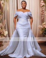 White Off The Shoulder Pleat Wedding Dresses Bead Crystal Gown Pearls Bridal