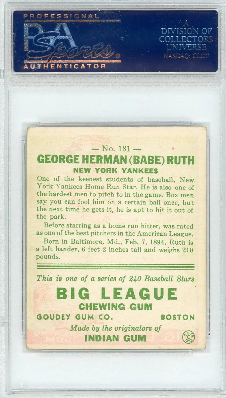 1933 Goudey Babe Ruth #181 PSA 4 view 2