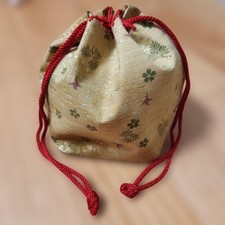 Gold Floral Kimono Style Drawstring Bag Japanese