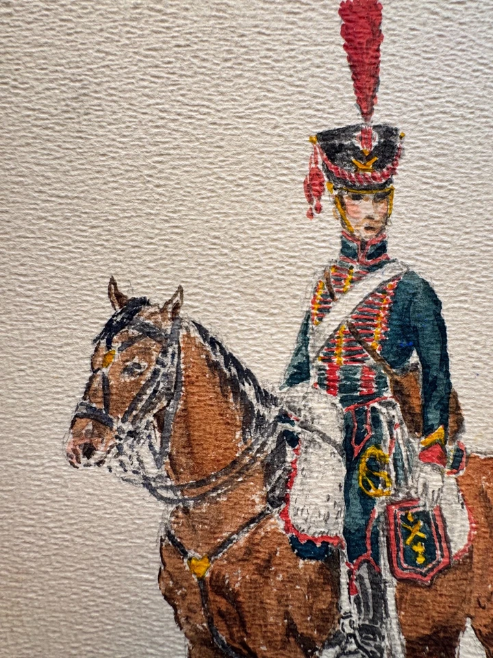 Antique 19th C French Gouache Painting Napoleonic Military Uniform Horse 6 x 9.5 - Image 4 of 4