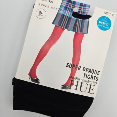 Hue Super Opaque Tights Smooth Control Top Size 2 5'5'' - 6'0'' Black 90 Den NWT