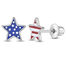 Patriotic Stars Kids / Children's Earrings Screw Back Enamel - Sterling Silver