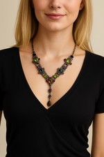 Victorian Revival Gunmetal Tone Multicolored Rhinestone  Y  Drop Necklace