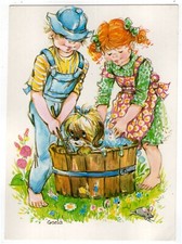 Künstler-AK v. Gisela / Kinder baden ihren Hund in einem Holzbottich