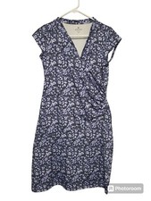 Athleta Dress Women Small Blue Faux Wrap Floral Knee Length A Line V Neck