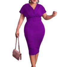 Women's Plus Size Solid V-Neck Short Sleeve Basic Dress with Belt