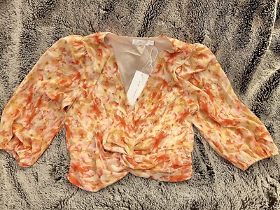 LUSH | TWISTED CROP TOP | 3/4 SLEEVE | CORAL ORANGE PRINT | JUNIOR SIZE S. | NWT