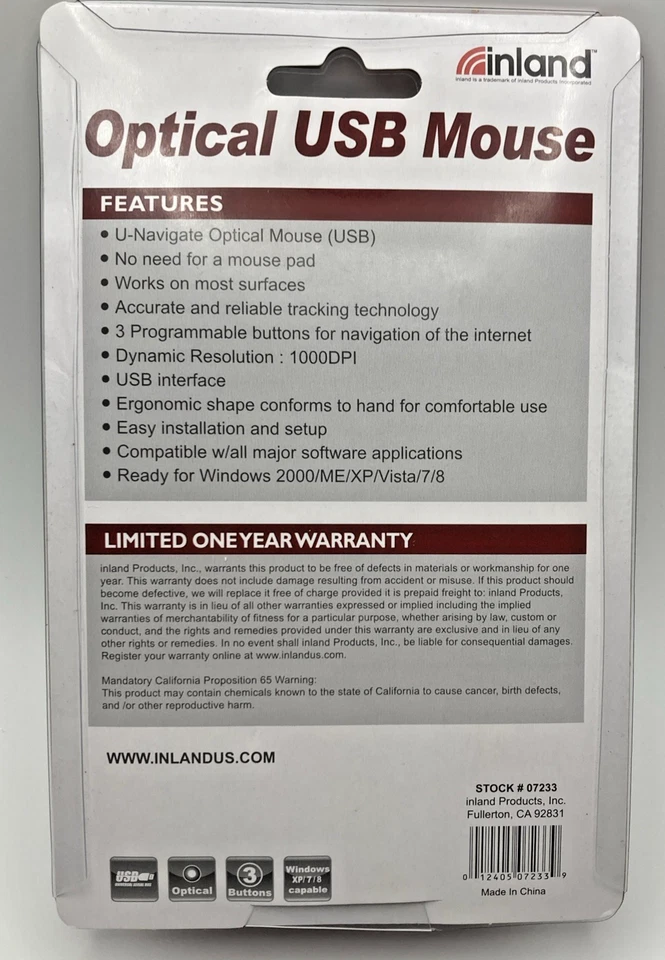 Vintage New Inland 7233 Optical USB Mouse Sealed Box. For PC.  - Image 4 of 4