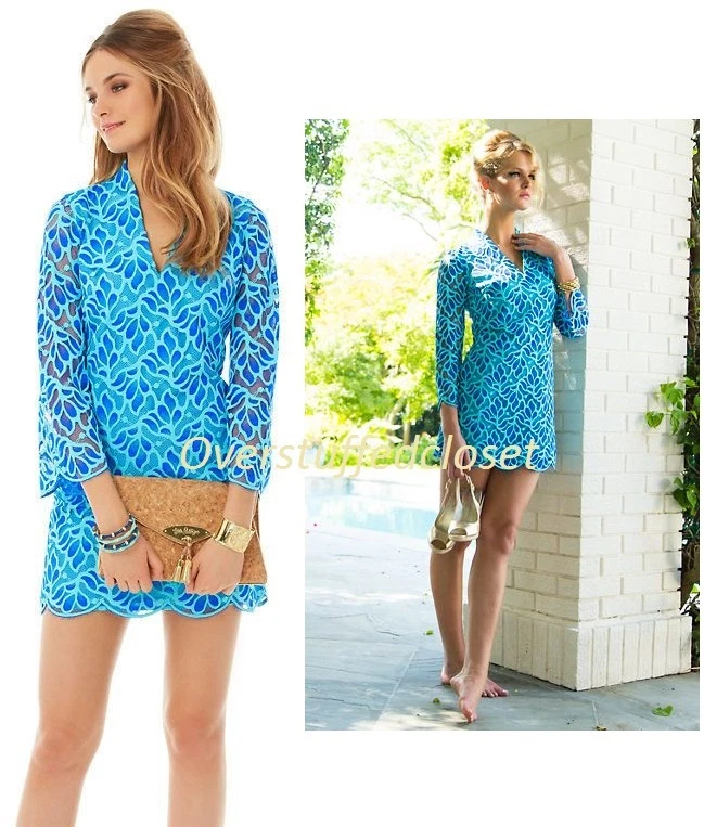 NWT 298 Lilly Pulitzer Devina Brewster Blue Light Weight Flora Lace Dress
