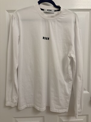 MSGM Cotton Logo Print Crew Neck Mens Long Sleeve Tee Cut & Sewn White Designer