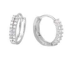 14 mm diameter Sterling Silver Two Row CZ Stones Huggie Hoop Earrings