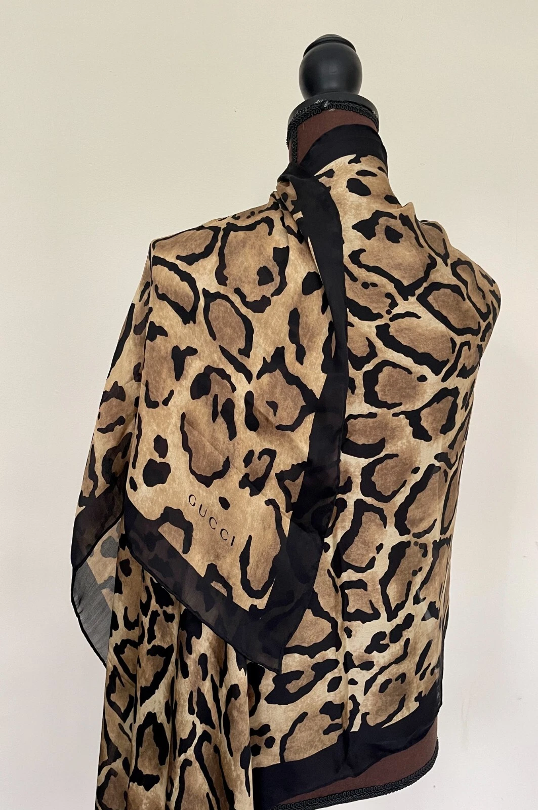 New Unisex Gucci Silk Scarf Animal Print Black Brown Stole Chiffon Wrap Cover