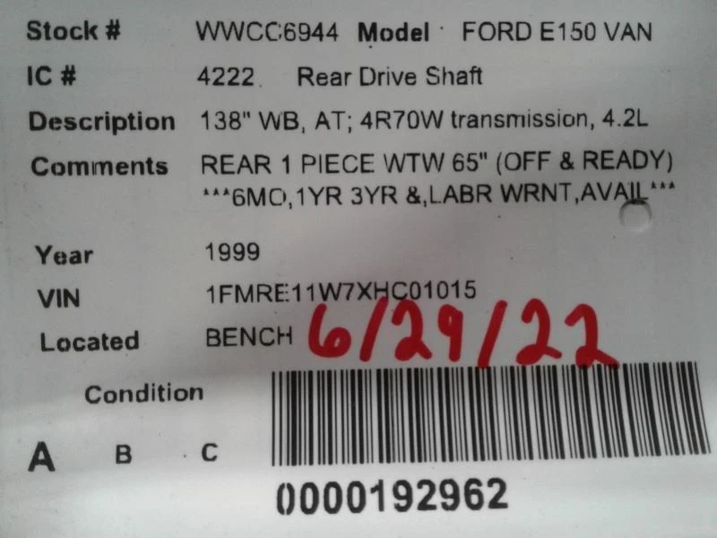 Rear Drive Shaft 138" Wb Automatic Transmission Fits 97-06 FORD E150 VAN 1580883 Foto 4 de 4
