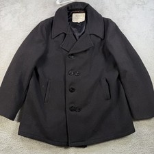 Vintage US Navy Pea Coat Mens 46 Black Wool Military Anchor Button 70s Lined