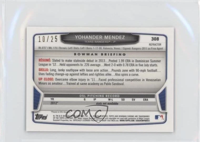 2013 Bowman Chrome Minis Black Refractor /25 Yohander Mendez #308 - Image 2 of 2