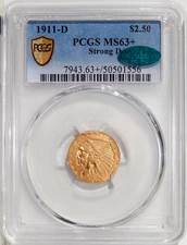 1911-D STRONG D $2.50 PCGS MS 63+ CAC ~ KEY DATE INDIAN GOLD QUARTER EAGLE