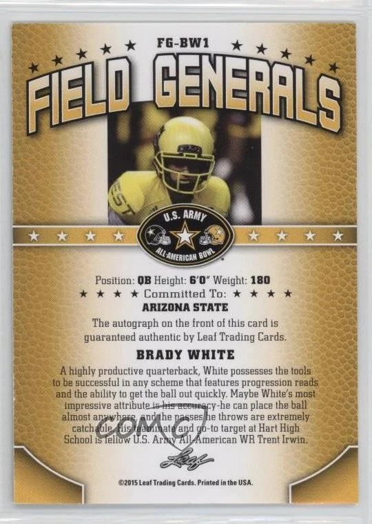 2015 Leaf US Army All-American Bowl Field Generals Black /10 Brady White Auto - Image 2 of 2