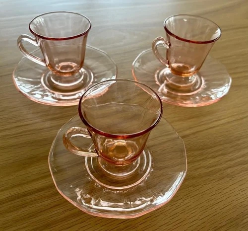 Children's Little Hostess Cups & Saucers; 3 Sets - Pink Depression Glass