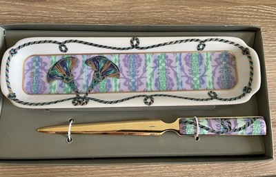 VTG Neiman Marcus Porcelain 3 Piece Desk Set Blue Floral Tray Opener Pen Holder