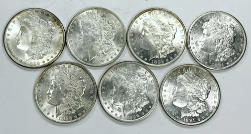 MIXED DATE MORGAN DOLLAR LOT OF 7 GEM BU’S! INCREDIBLE EXAMPLES! WOW! NR #K2967