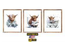 Highland Cow Bathroom Wall Art Prints, Rustic Decor, Unframed, 8X10 Inches, 3 Pc